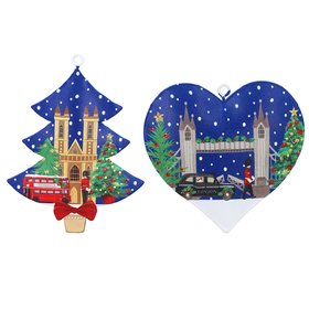 SEP '26: London Scene Blue Tree/Heart Hanging Tin Decoration (back design), Set of 2, £7.99