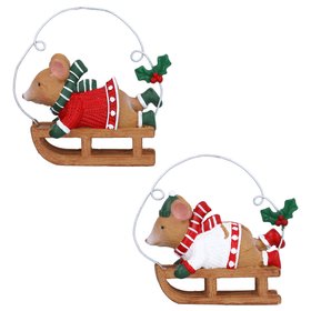 SEP '26: Resin Holly/Alfie on Sledge Hanging Decoration, Set of 2, £17.99