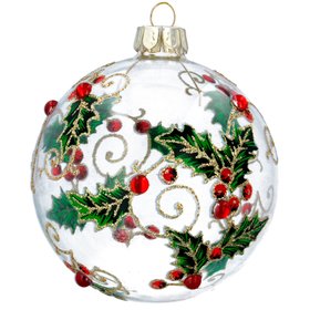 SEP '26: Clear Glass Bauble w Diamante Painted Holly, £4.99