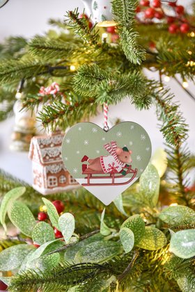 SEP '26: Holly & Alfie Sledging Hanging Wood Heart Decoration, Set of 2, £4.99