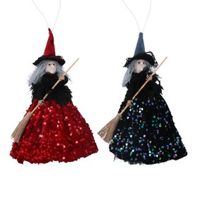 HALLOWEEN '26: Large Red/Blue Fabric/Sequin Witch Decoration Ornament, Set of 2, £14.99