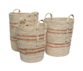 Three Tall Woven Striped Baskets
