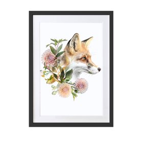 Fox and Dahlias –Wildlife Botanical Art Print
