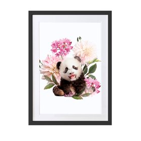 Baby Panda and Florals –Wildlife Botanical Art Print