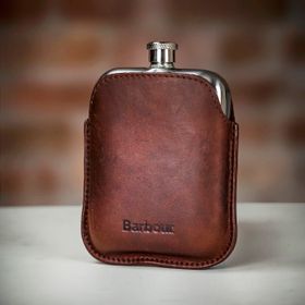 Barbour Hip Flask in Brown Leather Sleeve - 5.5oz
