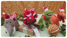 Knitted dinosaur and Mammoth tree decorations