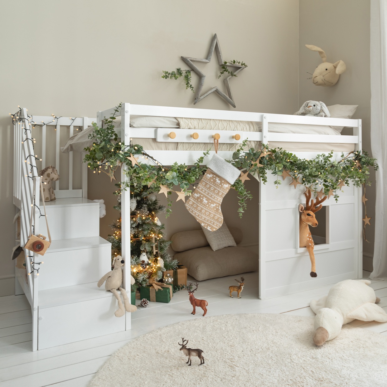 Kasja Staircase Midsleeper Cabin Bed with Window in Classic White