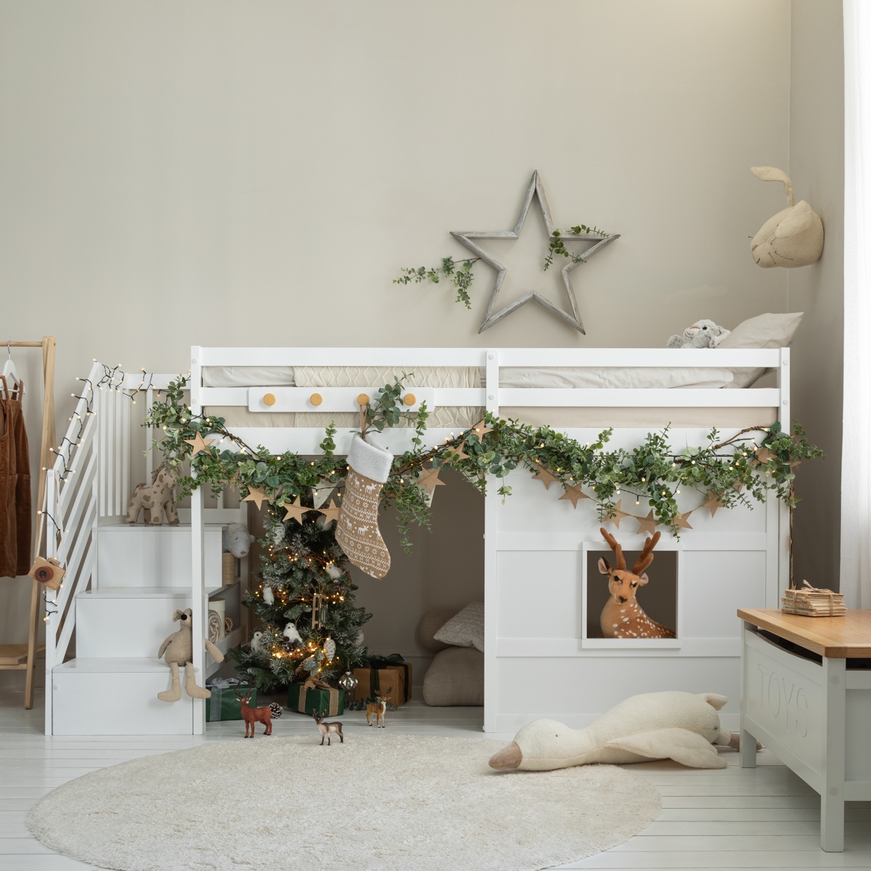 Kasja Staircase Midsleeper Cabin Bed with Window in Classic White