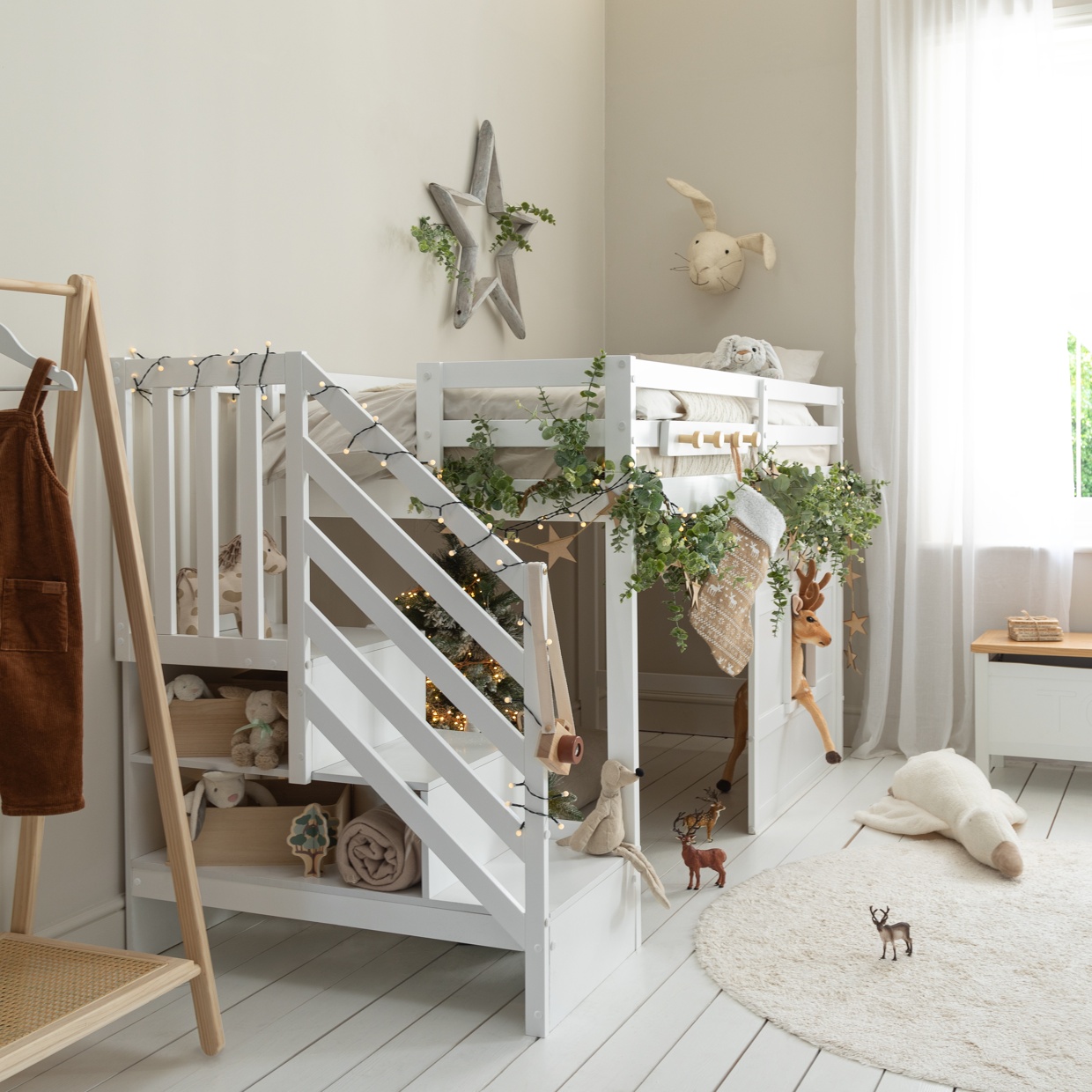 Kasja Staircase Midsleeper Cabin Bed with Window in Classic White
