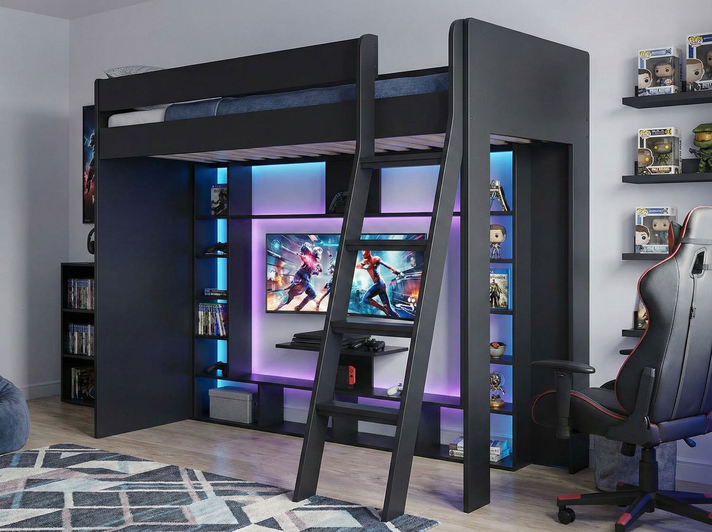 Leo High Sleeper Cabin Bed Gaming Den with Storage in Black