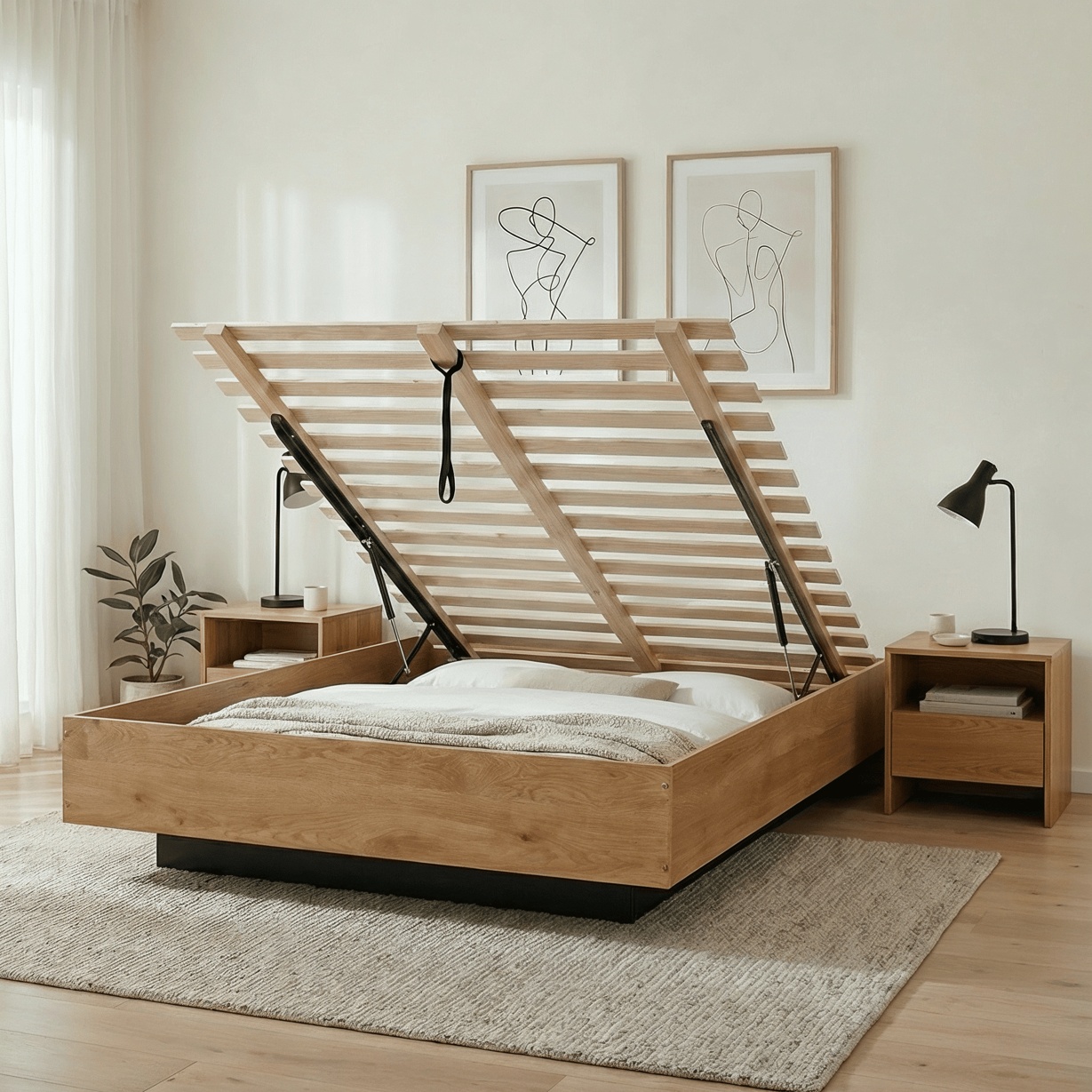 Koping Double Gas Lift Ottoman Bed with Storage in Natural Pine