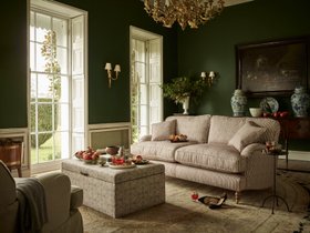 Sofas & Stuff Alwinton-3-seater sofa in Spill-Resistant Sussex Stripe Mocha and Birdham footstool in Spill Resistant Gertrude Jekyll Ornamental Duck Egg