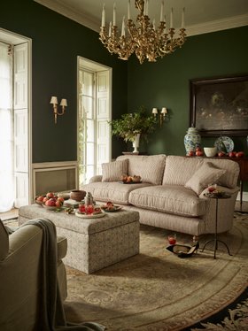 Sofas & Stuff Alwinton 3-seater sofa in Spill-Resistant Sussex Stripe Mocha and Birdham footstool in Spill Resistant Gertrude Jekyll Ornamental Duck Egg