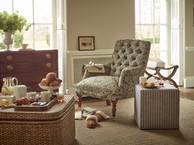 Sofas & Stuff Snape Chair In Spill Resistant V&A Bird & Rabbit Dark Green And Cube Footstool In Spill Resistant RHS Etta's Stripe Ink