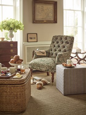 Sofas & Stuff Snape Chair In Spill Resistant V&A Bird & Rabbit Dark Green And Cube Footstool In Spill Resistant RHS Etta's Stripe Ink