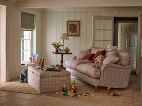 Sofas & Stuff Alwinton 3-seater sofa in Spill-Resistant Sussex Stripe Mocha and Birdham footstool in Spill Resistant Gertrude Jekyll Ornamental Duck Egg