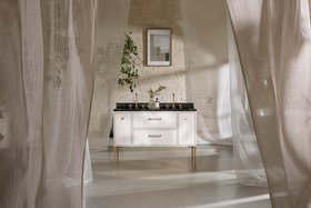 Skip to next slide page Walcot 1200 Freestanding 4 Drawer Double Basin Vanity Unit - Matt White