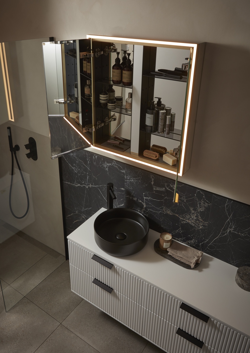 Vault Double Cabinet With Brass Frame Open Lifestyle