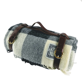 Tolly McRae. Black and White Luxury 100% Wool Blanket with Leather Strap