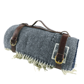 Tolly McRae. Navy Blue Luxury 100% Wool Blanket with Leather Strap