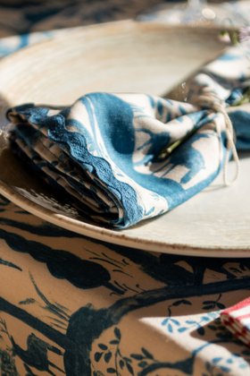 MINDTHEGAP Accessories, ENCHANTED TRANSYLVANIA, THE ENCHANTED WOODLAND DUSK BLUE NAPKIN SET, Lifestyle Portrait