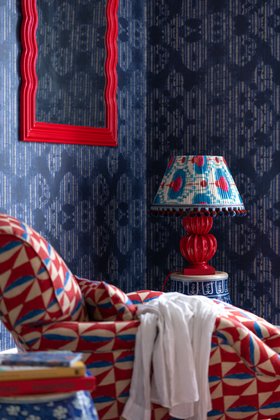 MINDTHEGAP Lighting, IKAT PEACOCK FEATHER  Lampshade   BOTANY TABLE LAMP IN CRIMSON RED RESIN LS30630 BL80032 Lifestyle Portrait