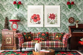 MINDTHEGAP Furniture, Chesterfield Sofa KERSCHDORF Plaid Carrot Woven Fabric Front FR00103 FB00199 Lifestyle Landscape