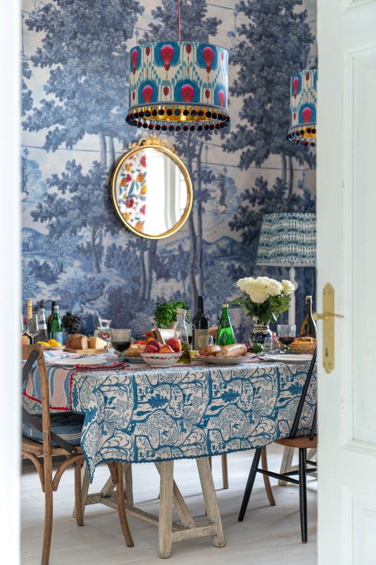 MINDTHEGAP Accessories, ENCHANTED TRANSYLVANIA, THE ENCHANTED WOODLAND DUSK BLUE TABLECLOTH LARGE, Lifestyle Portrait