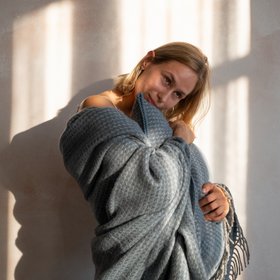 Dakota Cosy Pure New Wool Blanket in Blue, Grey & Taupe