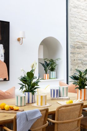 Paros Orange Painted Stripe Planter, H 16.5cm, D 17cm