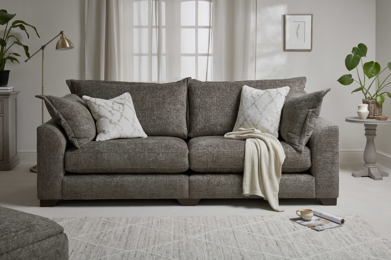 Oak Furnitureland Dewsbury 4-Seater Pillow Back Sofa in Mocha Fabric