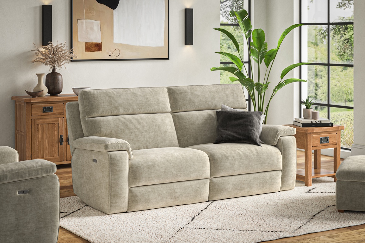 Oak Furnitureland Selby 3 Seat Electric Recliner Sofa - Plush Beige Fabric