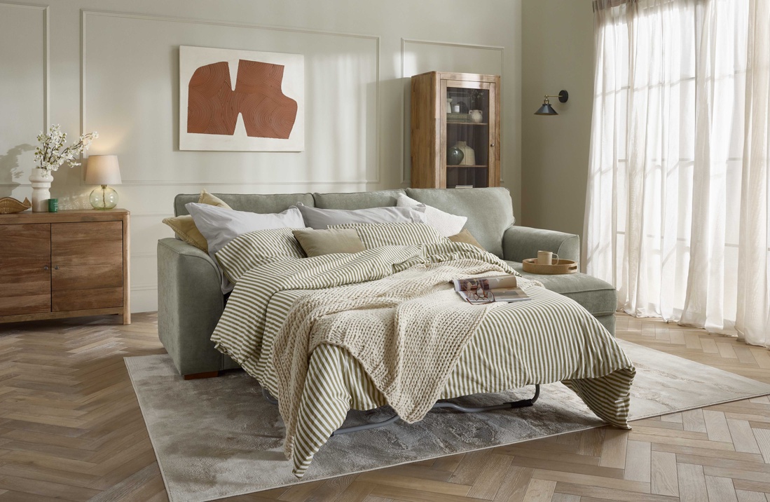 Oak Furnitureland Eastley Chaise Sofa Bed - Limoge Green Fabric