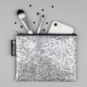 Silver Glitter Pouch, Party Zip Purse, Screen Printed Pattern Clutch, Geometric Triangle Make Up Bag, Black & Silver, Christmas Gift for Her