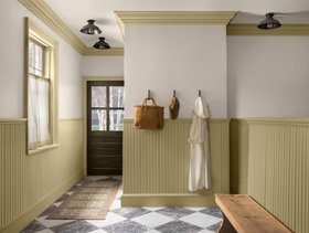 Benjamin Moore Shakespeare Tan 228, Durango 2137-30 and White Down OC-131, from £21.50 per 0.94L