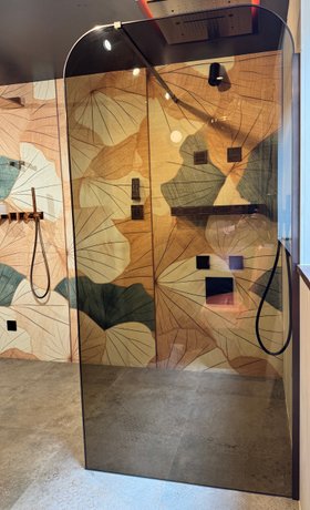 EauZone Dome Wet Room Panel in Aged Brass with Bronze tinted glass