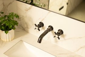 Swadling Brassware Illustrious Wall Mounted Basin Mixer With Curved Spout with Mother Of Pearl discs and Dark Bronze finish