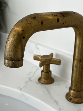 Swadling Illustrious Deck Mounted Basin Mixer with Curved Spout and Brushed Brass finish close up
