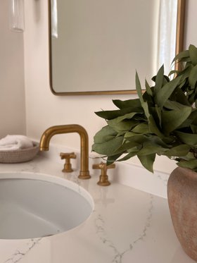 Swadling Illustrious Deck Mounted Basin Mixer with Curved Spout and Brushed Brass finish