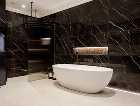 Swadling Engineer Bath/Shower Mixer and Hand Shower with Aged Brass finish with freestanding bath and shower