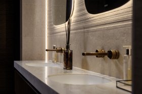 Swadling Engineer Basin Mixer with Aged Brass finish on Twin Vanity