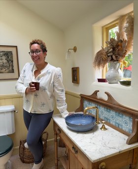 Olivia Munro in bathroom featuring Swadling Invincible Living Brass Basin Mixer 1