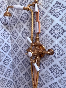 Swadling Brassware Invincible Hand Shower and Shower Mixer with Living Brass finish and patina development