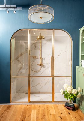 Matki Classica Bespoke shower in recess in Brushed Brass finish