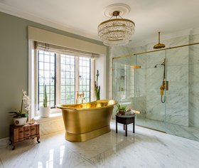 Matki Bespoke EauZone Hinged Door With Hinge Panel And Inline Panel For Recess in Brushed Brass from Mida Interiors Ltd 1