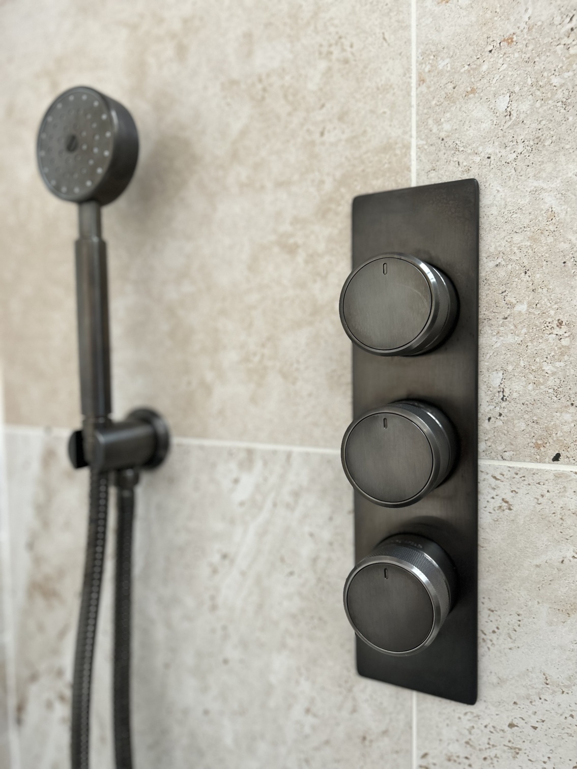 Swadling Brassware Engineer shower head with controls in dark bronze