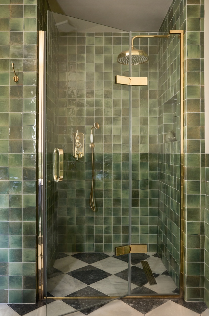Matki EauZone shower door with polished gold hinges