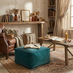 Handmade Teal Pure Cotton Velvet Pouffe - Square