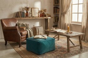 Handmade Teal Pure Cotton Velvet Pouffe - Horizontal