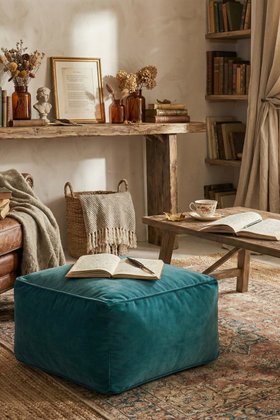 Handmade Teal Pure Cotton Velvet Pouffe - Vertical